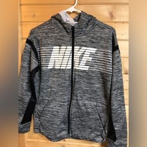 Nike full zip, hooded. Heathered black.  size kid xl